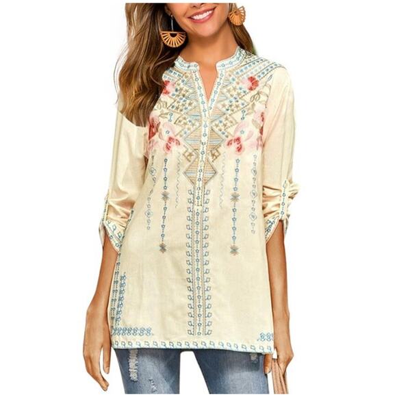 NWT Laura Klein Tunic Top Size XXL Embroidered Roll Tab Sleeve Lined Boho Yellow - Picture 1 of 12